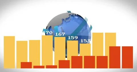 Displaying 3D globe with turquoise ribbons, yellow or red bars in infographic Stock Illustration
