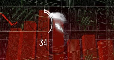 Displaying 3D globe updating data on virtual dashboard, with wireframe maps and Stock Photos
