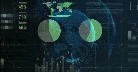 Displaying 3D globe visualization floating over analytics dashboard with pie Illustrazione stock
