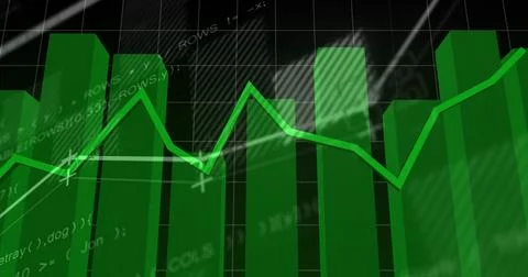 Displaying 3D green bar chart in digital analytics dashboard, overlaying Illustrazione stock