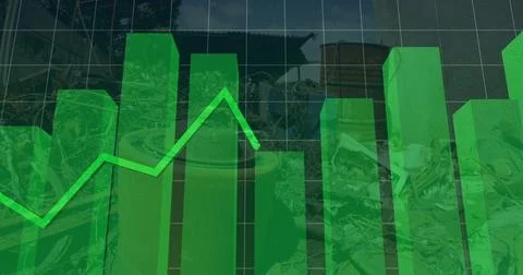 Displaying 3D green bar chart columns with rising green line graph over waste in 스톡 사진