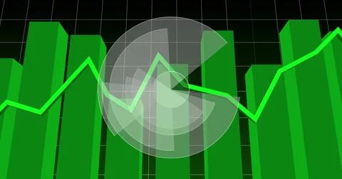 Displaying 3D green bars and neon line graph moving on dark grid console, Stock Illustration