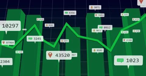 Displaying 3D green bars with bright green line tracking across dark grid das Stock Illustration