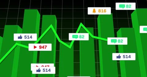 Displaying 3D green bars with line graph on digital dashboard with thumbs-up Illustrazione stock