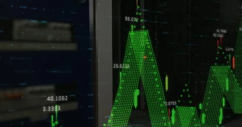 Displaying 3D green waveform fluctuating on trading app with candlestick, Foto stock