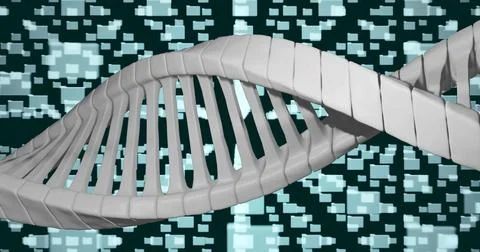 Displaying 3D grey DNA double helix model twisting across dark teal cyberspace, Stock Illustration