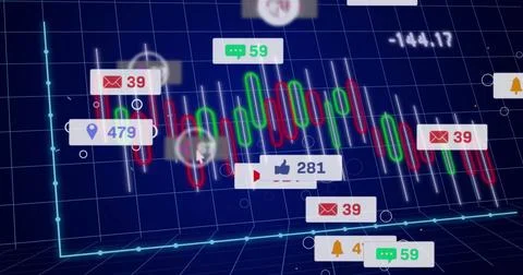 Displaying 3D grid analytics dashboard, with candlestick chart and social media Stock Photos