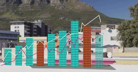 Displaying 3D grid bar chart columns on rooftop at mountain base, with white and Stock Photos