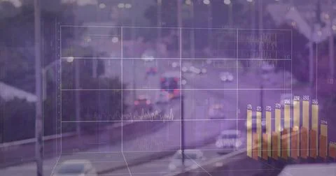 Displaying 3D grid data overlay spanning center of elevated highway at dusk, Foto stock