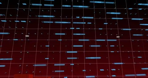 Displaying 3D grid forming cubes in red backdrop, with blue bars, cyan blocks, Stock Illustration