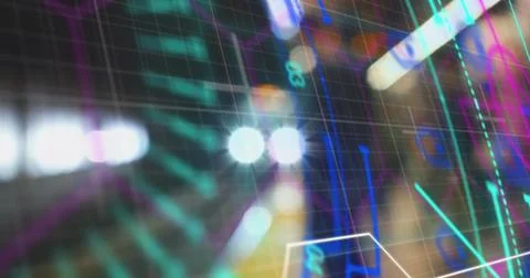 Displaying 3D grid mesh streaming data interface, with neon lines numeric glyphs Stock Photos