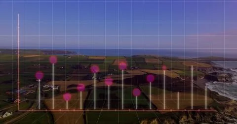 Displaying 3D grid overlay, magenta markers and luminous pillars rising over 스톡 일러스트