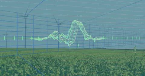 Displaying 3D grid overlay visualizing energy data over wind farm field, with Stock Photos