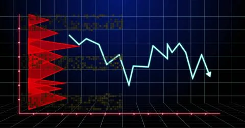 Displaying 3D grid, red histogram and neon cyan line with arrow in visualization 스톡 사진
