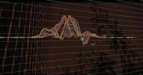 Displaying 3D grid of teal lines at monitoring station, with multicolored Illustrazione stock