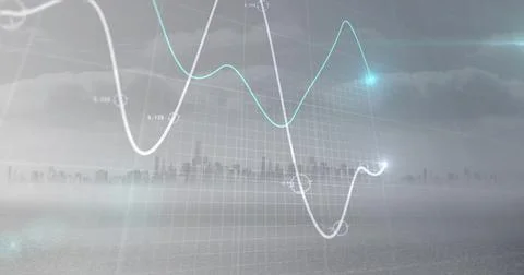 Displaying 3D grid with white and teal line graphs at waterfront skyline, with 库存插图