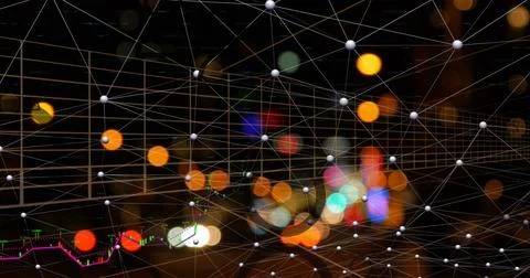 Displaying 3D grid of white nodes and thin lines on dark background, with Foto stock