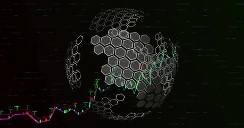 Displaying 3D hexagonal sphere pulsing in digital data realm, with candlestick Stock Illustration