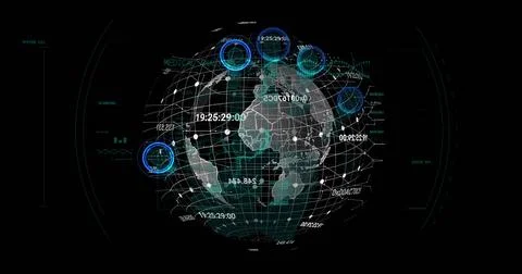 Displaying 3D hologram globe projecting mesh grid and network links in HUD with Stock Illustration