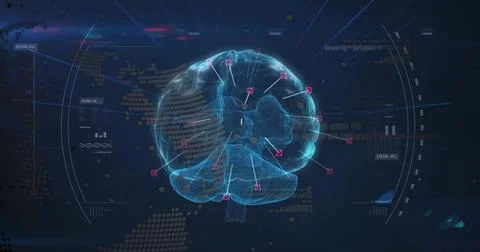 Displaying 3D holographic brain model marking red node points with white lines Stock Illustration