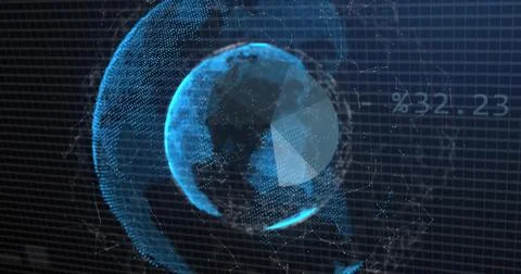 Displaying 3D holographic globe in virtual dashboard, with rings, node lines, Stock Illustration