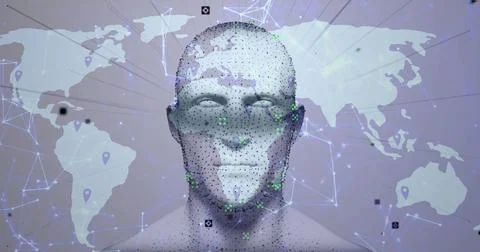 Displaying 3D human head model glowing in virtual space, with world map overlay Foto stock