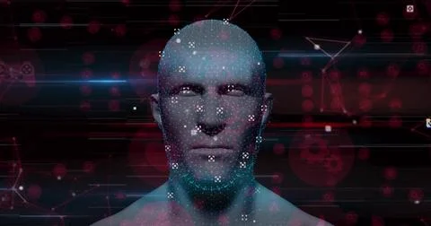 Displaying 3D humanoid head showing glowing data nodes and red halos in digital 스톡 사진