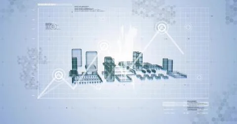 Displaying 3D industrial complex hovering on light blue grid, showing tanks, Stockillustratie