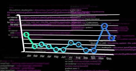 Displaying 3D line graph on code screen with grid showing Jan-Dec dots, gradient Stock Illustration