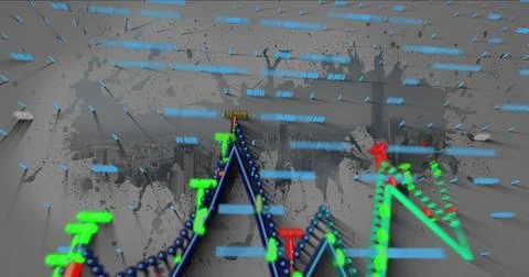 Displaying 3D line graph hovering over muted city skyline showing blue nodes, Stock Photos