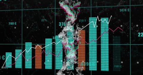Displaying 3D mesh column rising through dashboard with turquoise orange bars, Stockillustratie