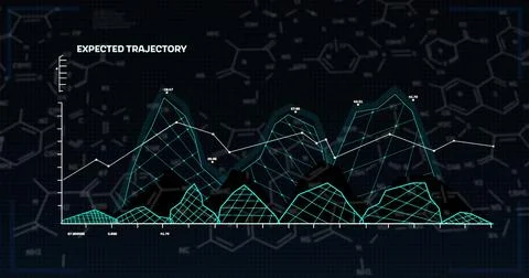 Displaying 3D mesh graph showing peaks on dashboard, with white trajectory line 写真素材