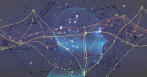 Displaying 3D mesh head linking data nodes with lines in virtual network, with Stock Illustration