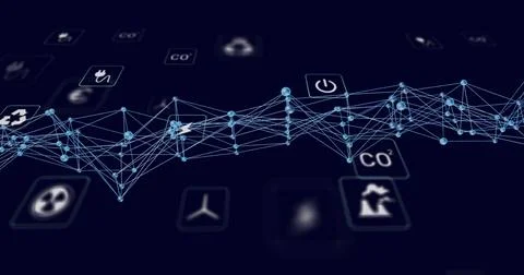 Displaying 3D mesh network connecting blue nodes in digital landscape with Illustrazione stock