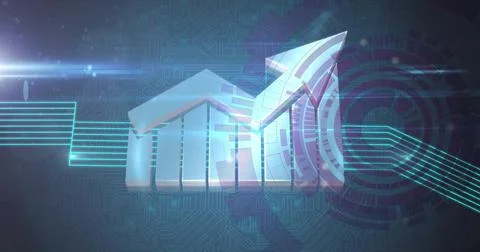 Displaying 3D metallic bar chart climbing amid neon-blue circuit lines, with Stock Photos