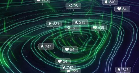 Displaying 3D neon contour network twisting in dark virtual space, with floating Foto stock