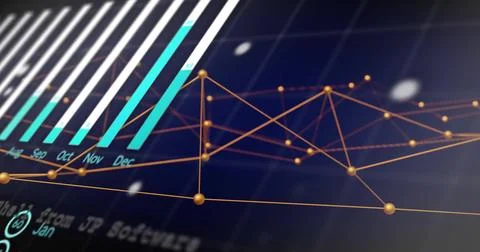 Displaying 3D network data chart on digital dashboard, with teal bars, gold Stock Illustration