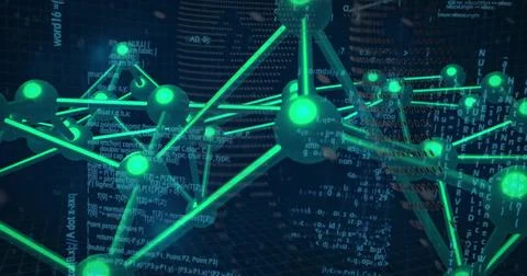 Displaying 3D network in digital space, with glowing green nodes, connecting Stock Illustration