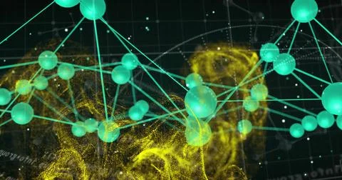 Displaying 3D network floating over dark grid, with glowing turquoise spheres 스톡 사진