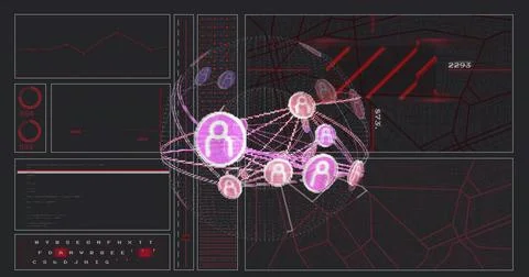 Displaying 3D network globe rotating on analytics dashboard, showing magenta  Ilustração Stock