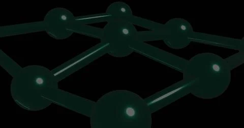 Displaying 3D network of glossy spherical nodes connected by rods in black void, Illustrazione stock
