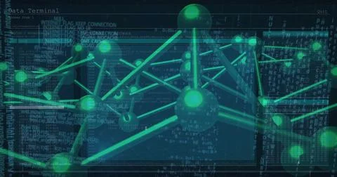 Displaying 3D network graph floating within terminal window, with glowing green Stock Illustration