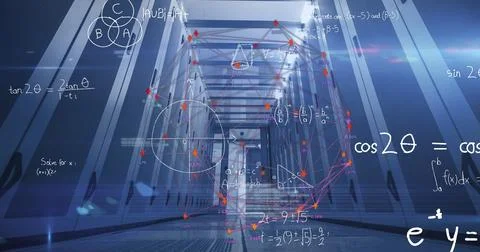 Displaying 3D network graph with orange nodes and floating formulas in corridor Foto stock