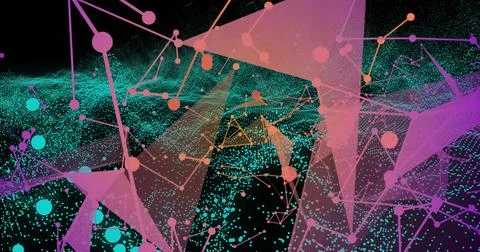 Displaying 3D network graph in virtual space with colored nodes, edges and mesh Illustrazione stock