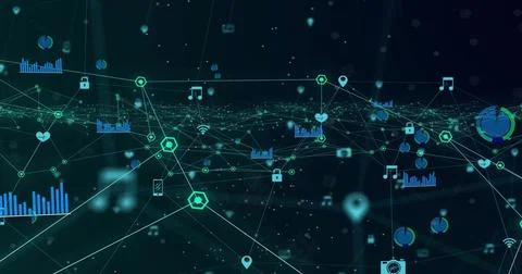 Displaying 3D network mesh on dark teal-blue gradient, showing glowing nodes, Stock Illustration