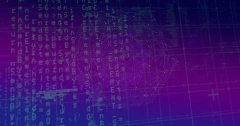 Displaying 3D network mesh floating on gradient data canvas, with cascading code 写真素材