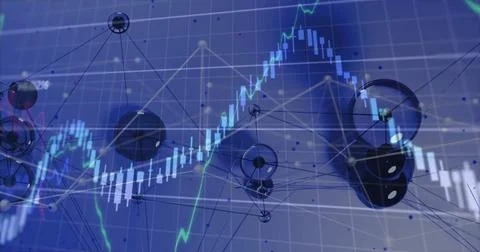 Displaying 3D network nodes and candlestick bars floating on grid interface, Ilustração Stock