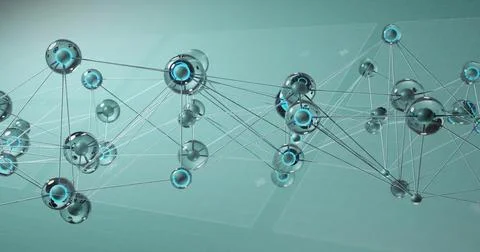 Displaying 3D network of nodes with cyan cores linked by thin rods against teal イラスト素材