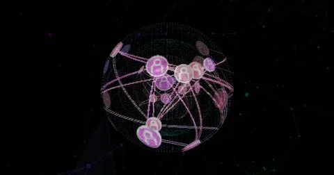 Displaying 3D network sphere floating in abstract space, with green purple nodes Stock Photos