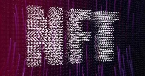 Displaying 3D NFT text forming from white symbol clusters on purple backdrop, Foto stock